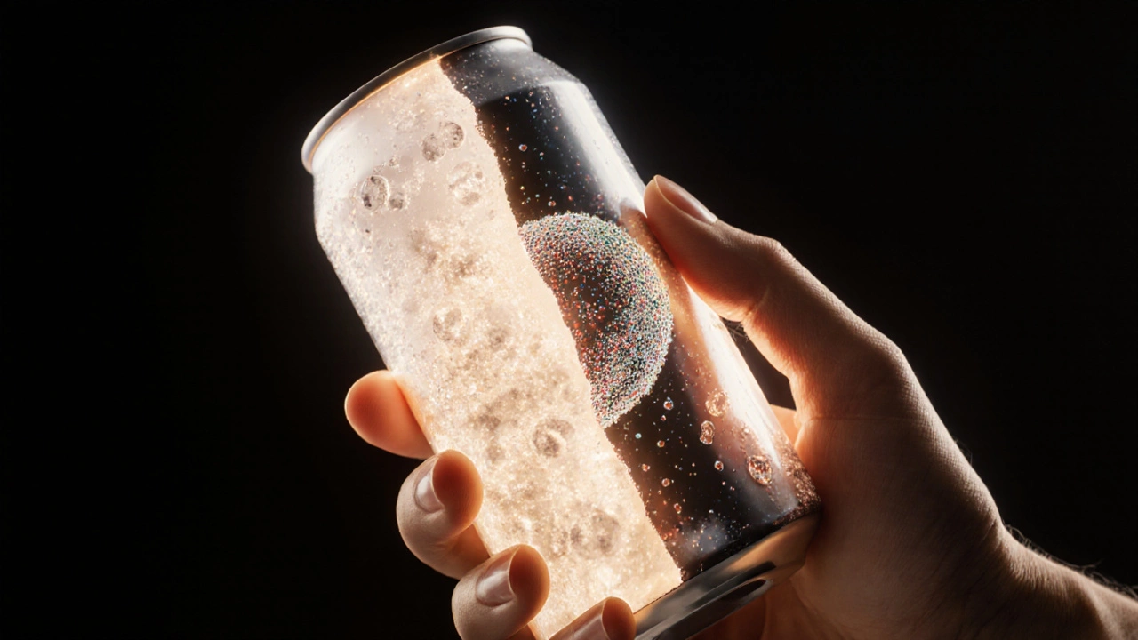 Split-screen concept showing sugar as the real health concern versus harmless natural nanoparticles in a cell.