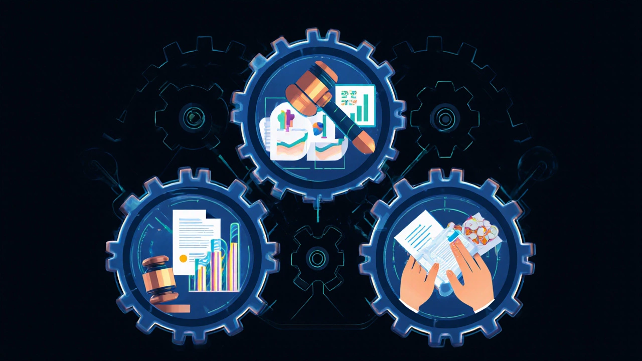 Three interconnected gears representing assessment, policy, and assurance in public health.