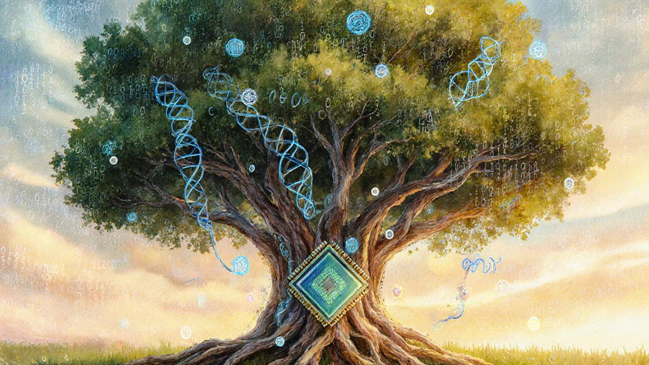 Tree with silicon chip roots and DNA branches, binary code and cells in sky, surreal hybrid ecosystem.