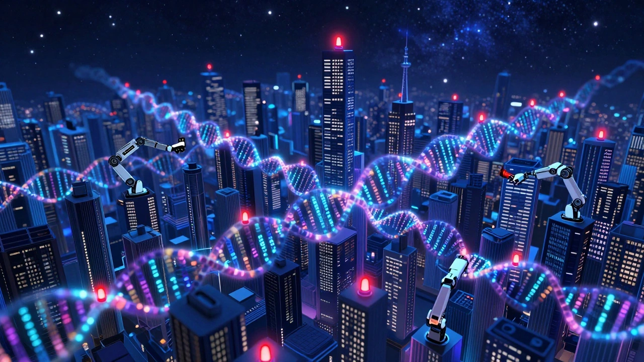 A conceptual genome as a glowing city with robotic tools analyzing genes against a cosmic backdrop.
