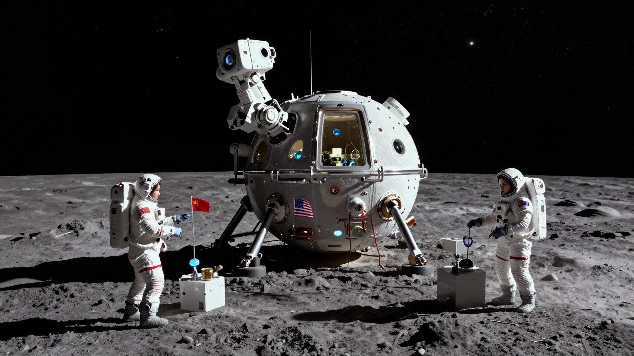 A futuristic lunar base with female astronauts conducting science under a starry sky.