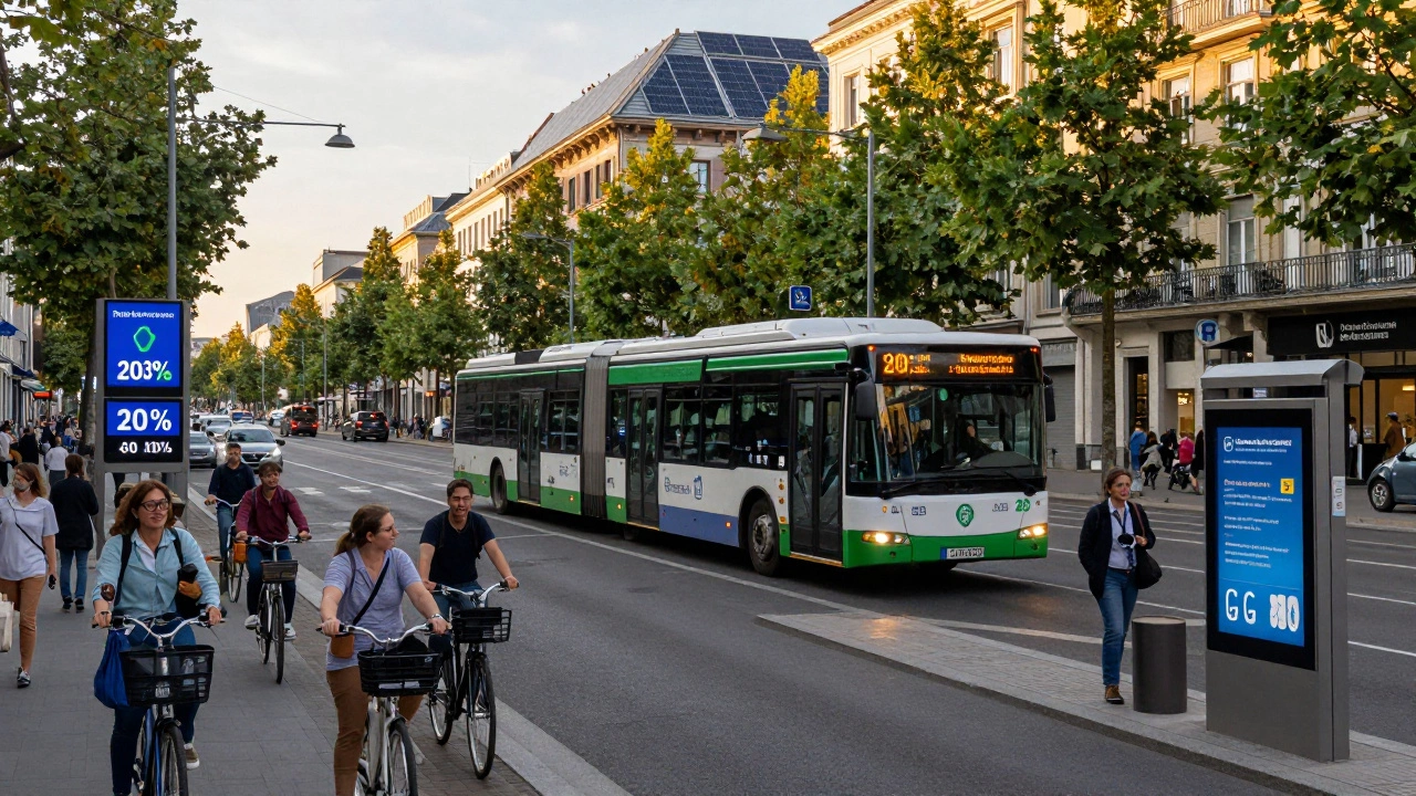 A green city street with electric transport and solar panels under golden light during a climate mission.