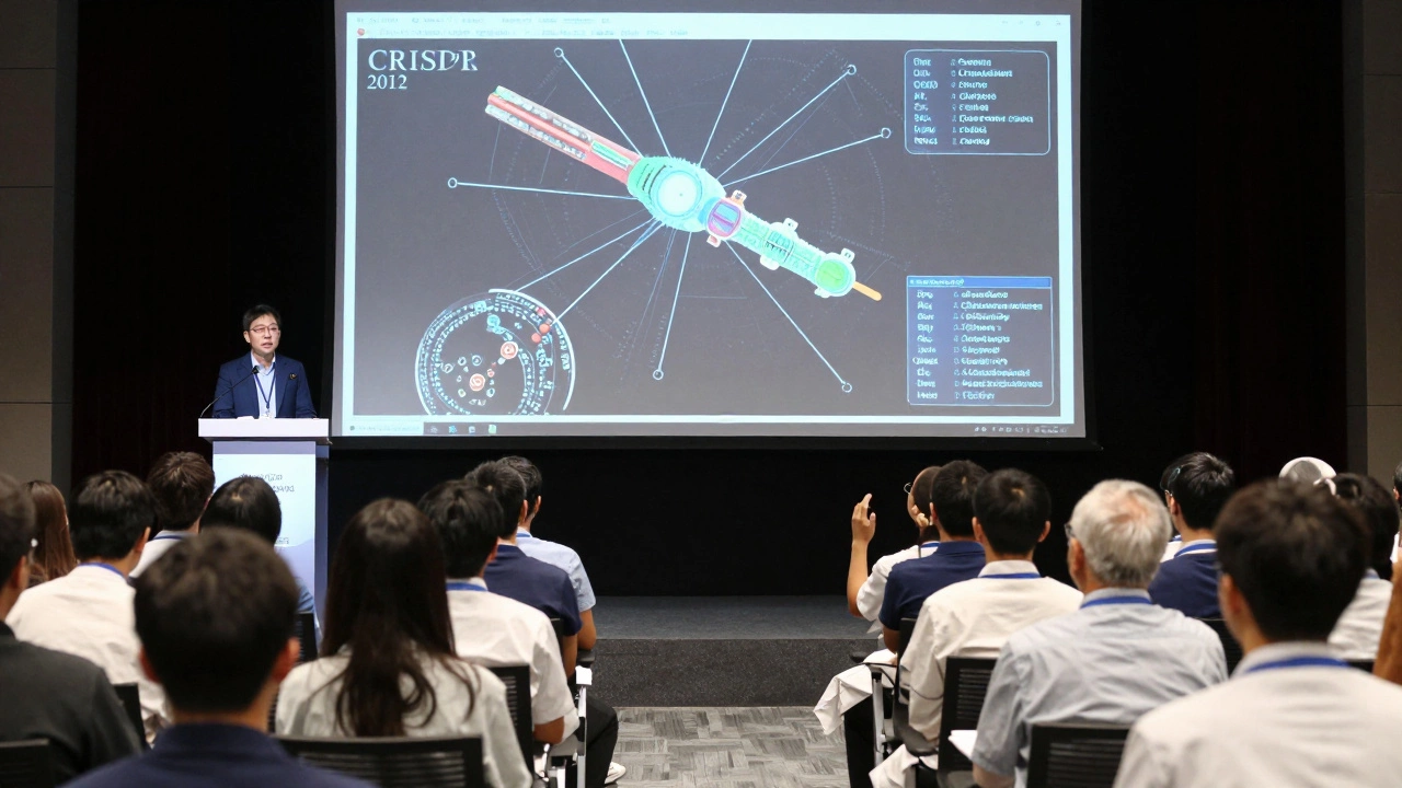 A keynote speaker presents to an audience while a student raises a hand to ask a question.