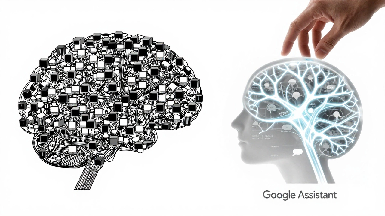 A symbolic comparison of two AI systems: one with many disconnected nodes, the other with a flowing neural network.