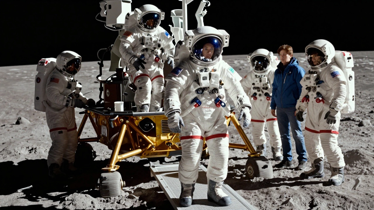 A woman astronaut leading a diverse crew down a lunar rover ramp onto the moon&#039;s surface.