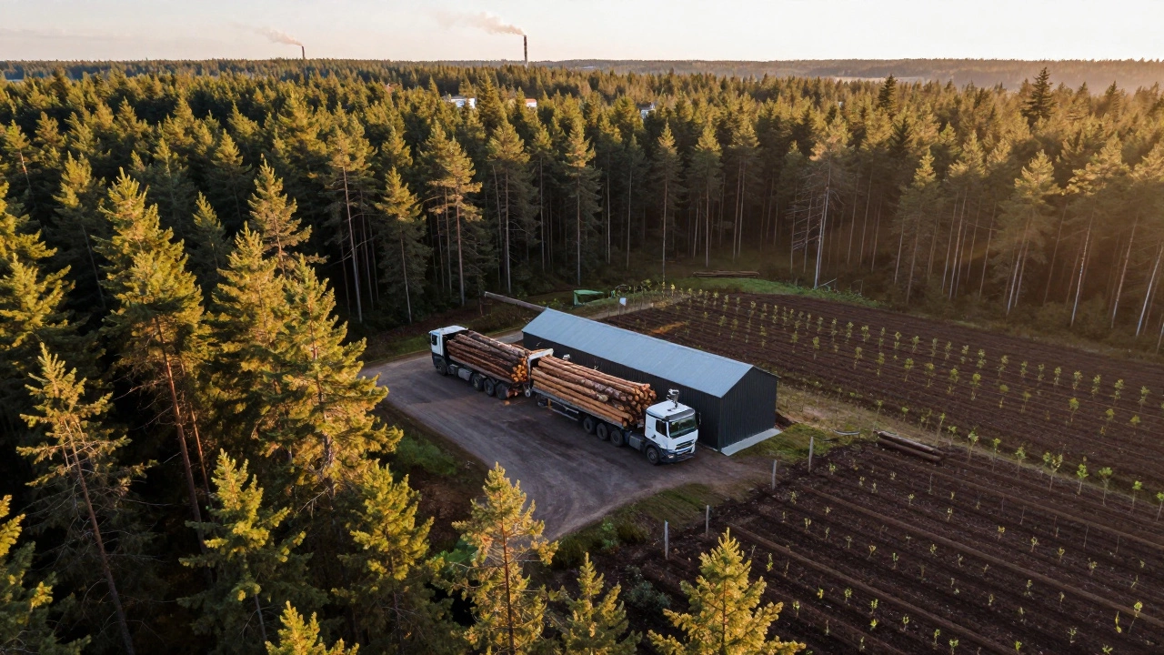 Aerial view of a sustainable forest with logging trucks transporting wood waste to a nearby biomass plant.