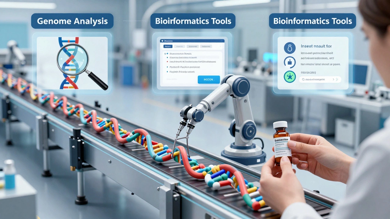 An assembly line transforming DNA fragments into personalized medicine using bioinformatics tools.
