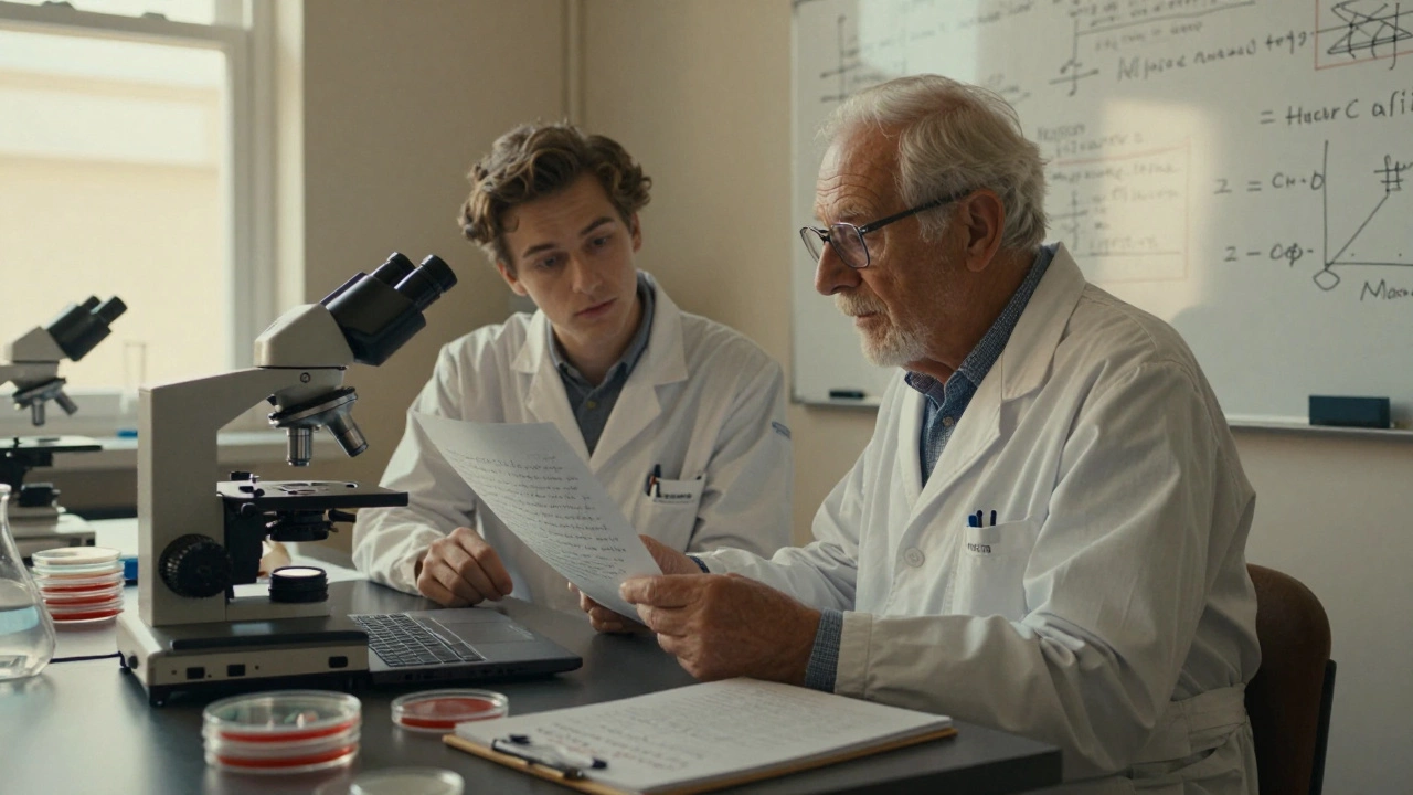 An experienced biotechnologist shares insights with a junior colleague in a lab.