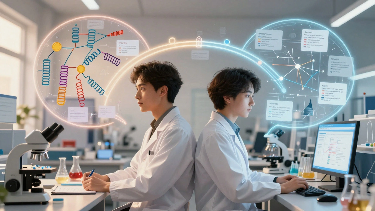 Biologist and data scientist with overlapping thought diagrams, symbolizing shared understanding.
