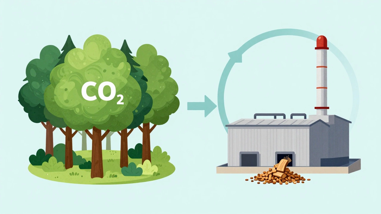 Conceptual diagram showing a forest absorbing carbon and a biomass plant capturing emissions in a circular cycle.
