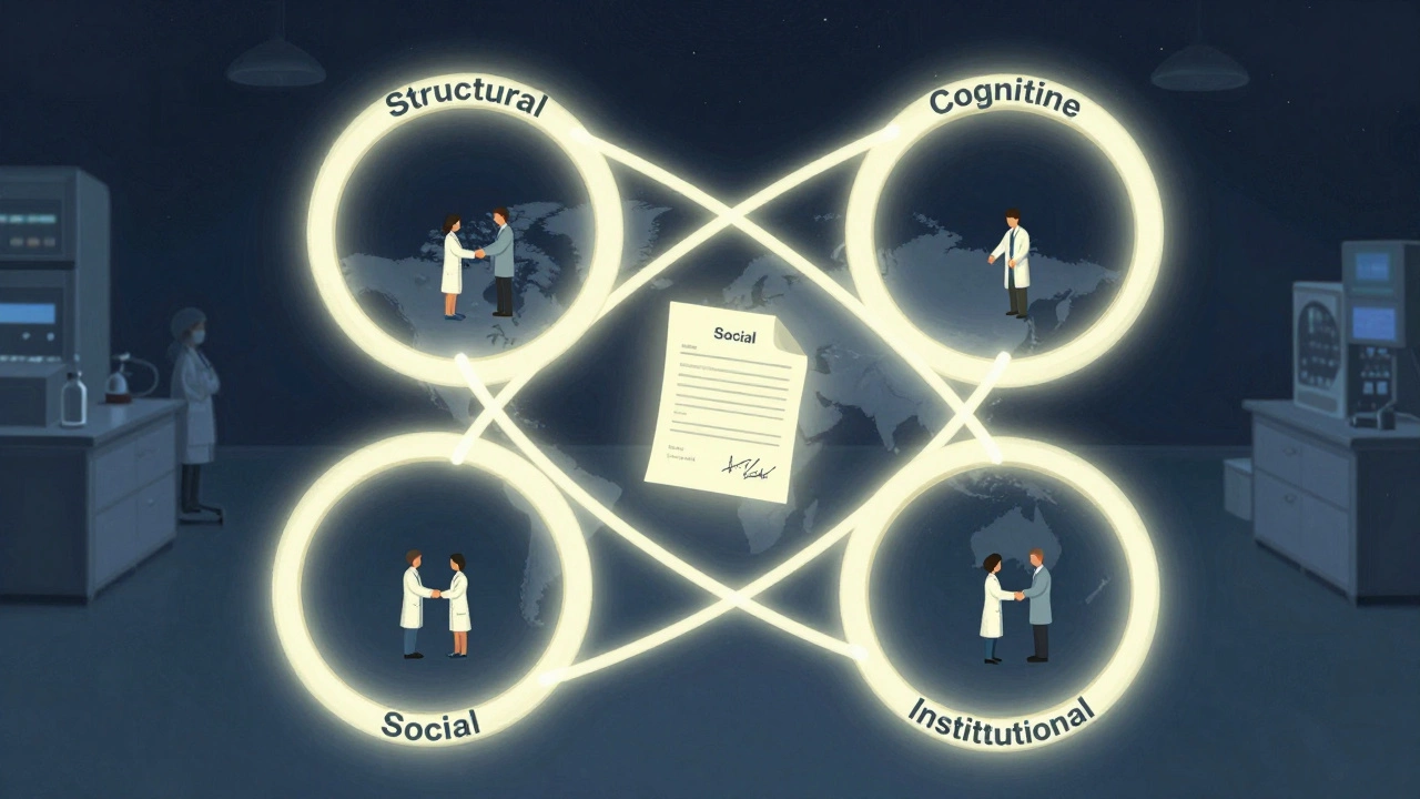 Four interlocking rings representing collaboration dimensions glowing above a research lab.