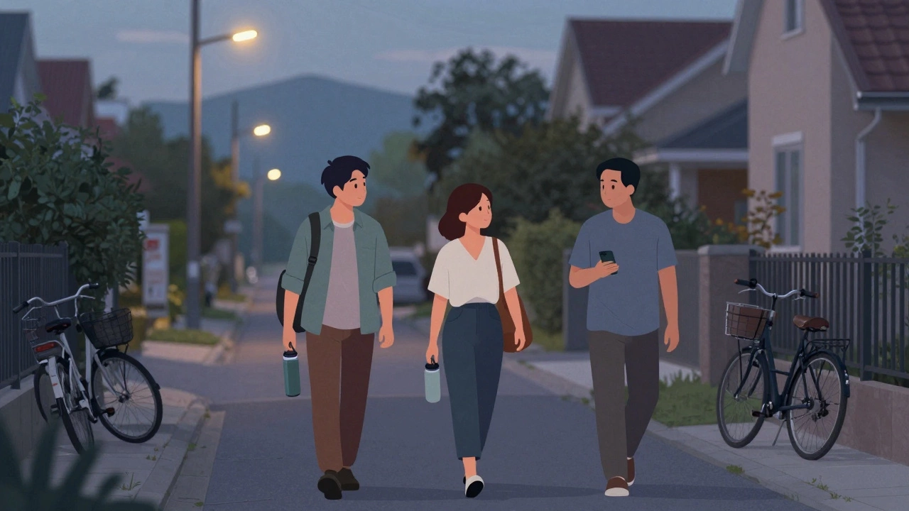 Neighbors walking together at dusk, sharing tea and music in quiet community routine.