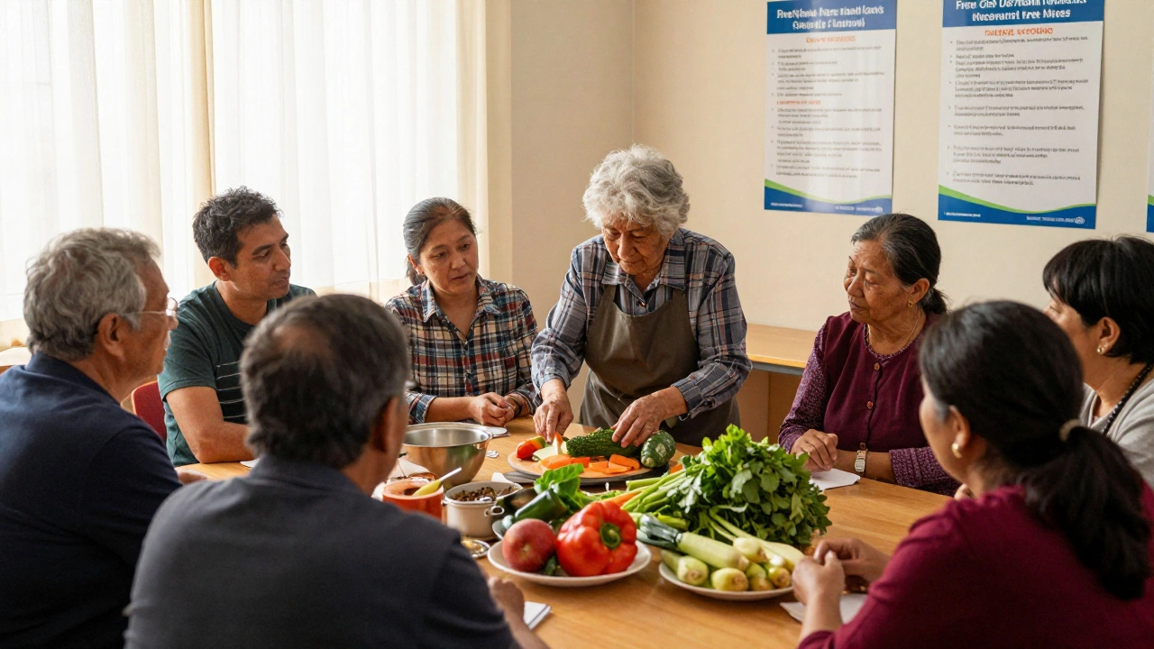 Residents learning to cook with fresh vegetables in a library meeting room.