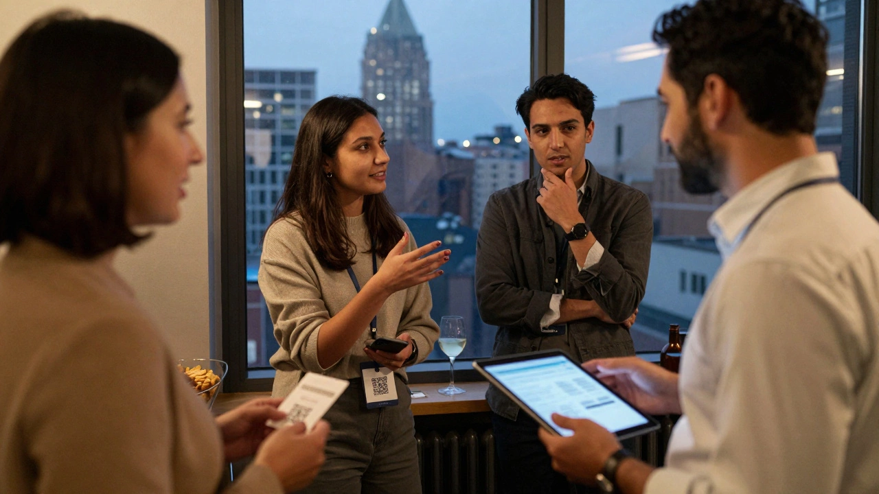 Scientists network at a conference reception, exchanging ideas over drinks and business cards.
