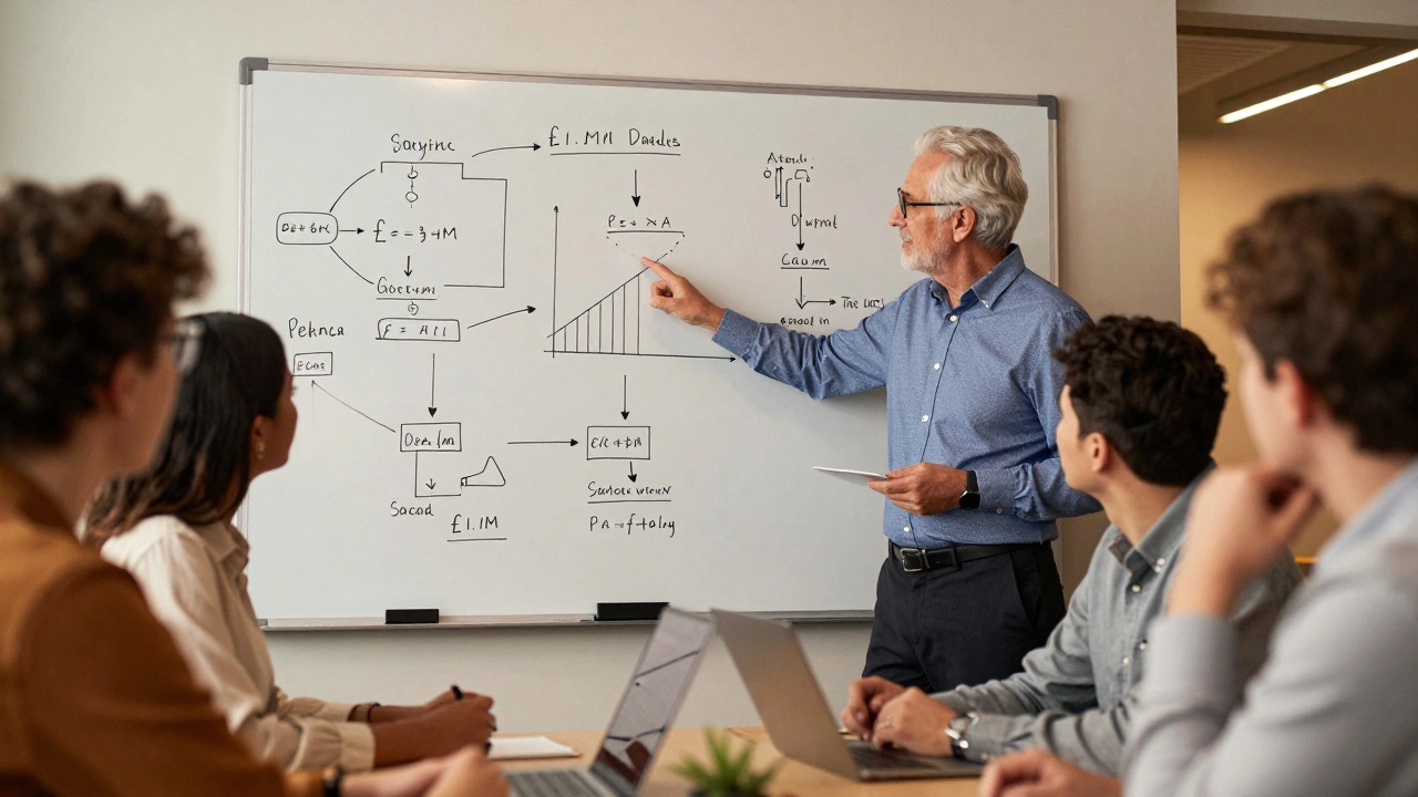Senior data scientist presenting savings insights to a team using a whiteboard.