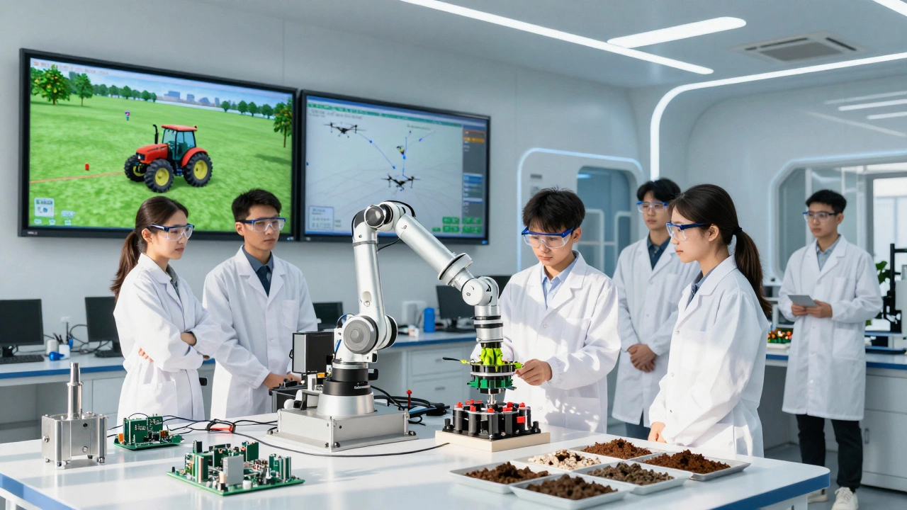 Students in a lab assembling a robotic harvesting system with digital displays showing tractor designs.