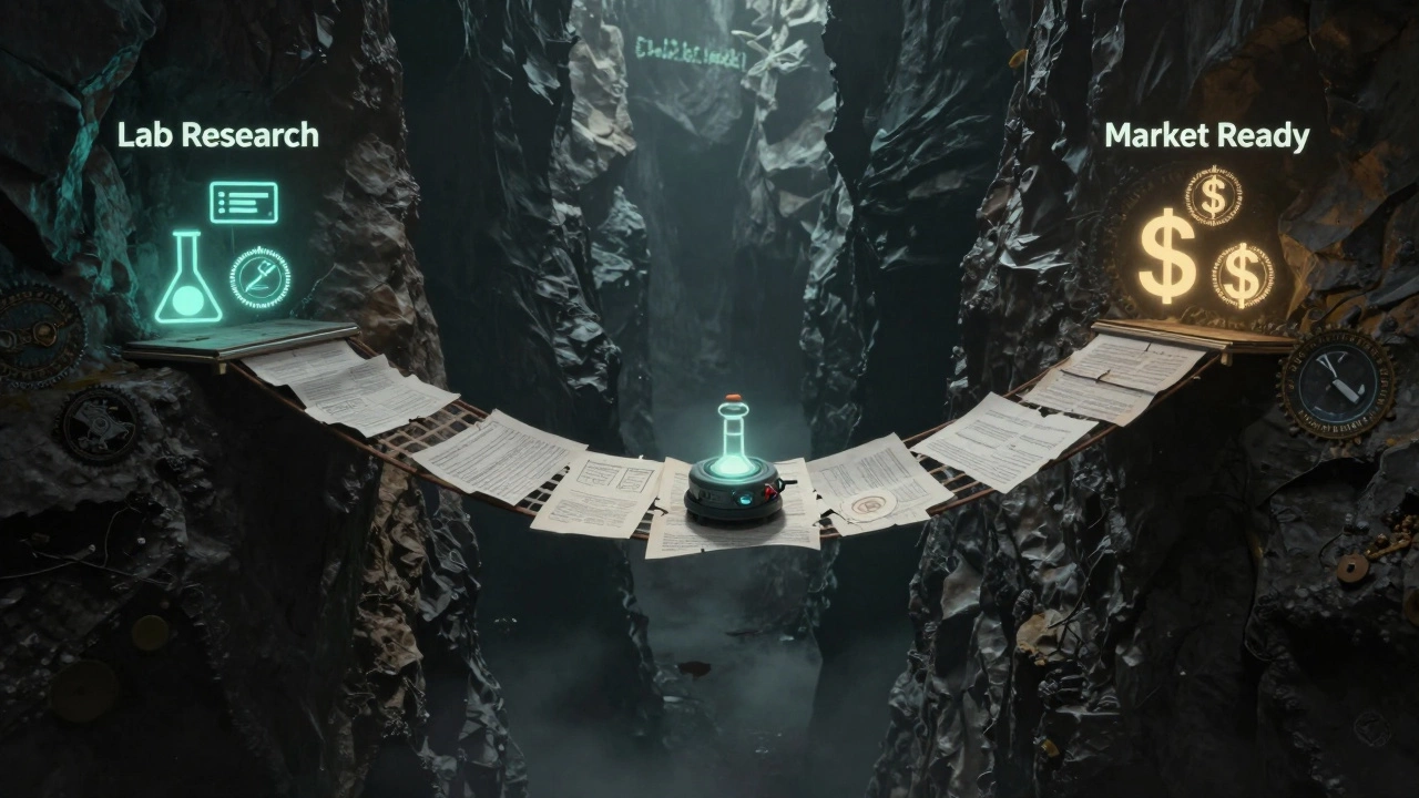 A fragile bridge over a dark valley connecting lab research to market readiness, with a prototype at risk of falling.