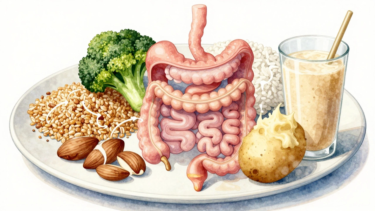 Digestive system illustration showing slow vs. fast sugar conversion from healthy and unhealthy foods.