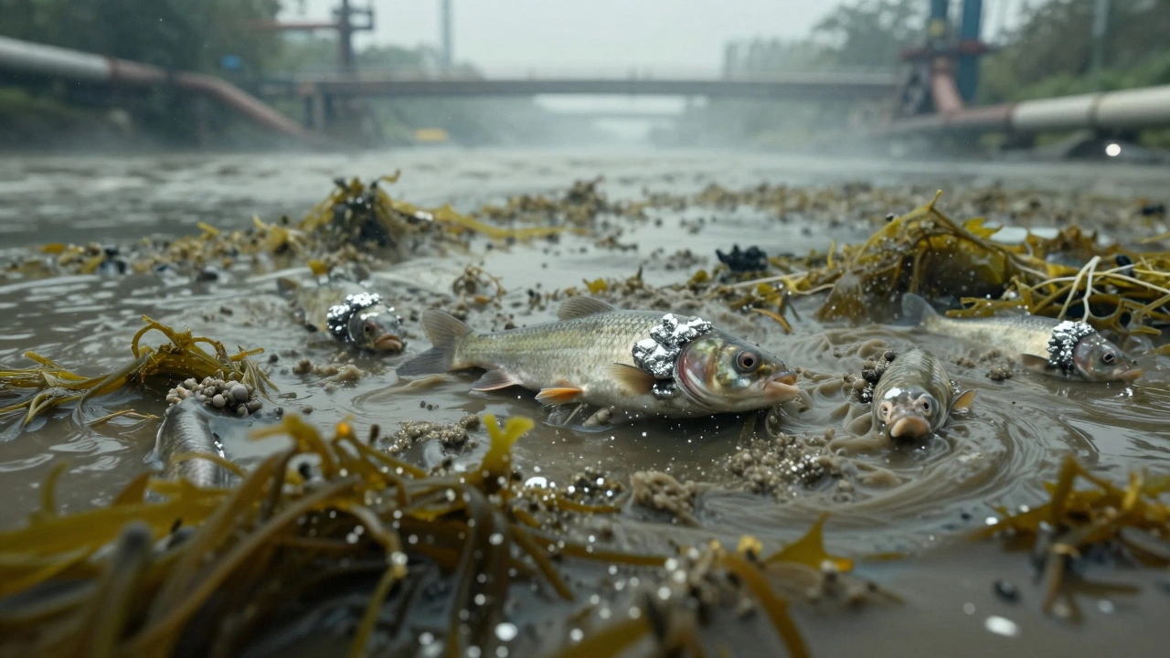 Fish in polluted river with gills clogged by nanoparticles and dying algae