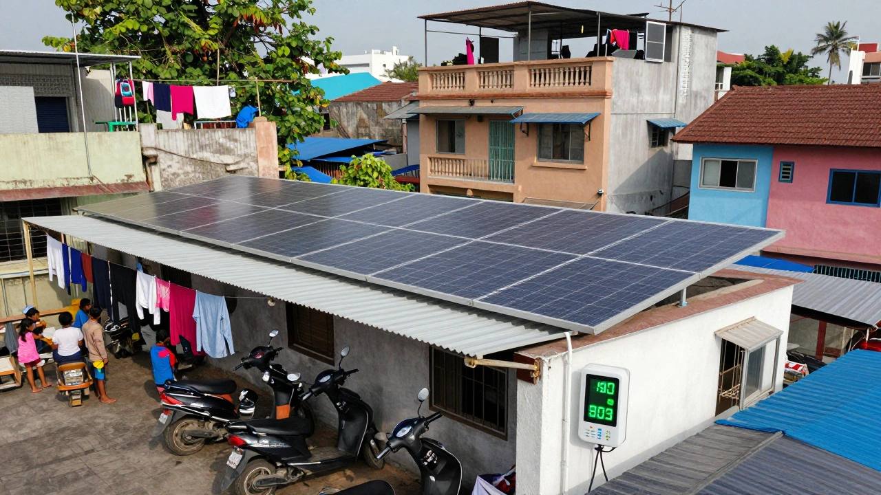 Indian rooftop covered in solar panels with families and electric scooters below.