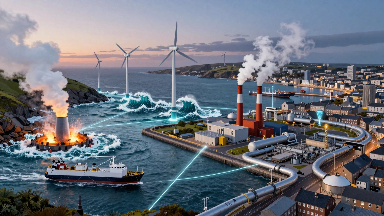 Mosaic of renewable energy systems: geothermal, tidal, biomass, and hydrogen.