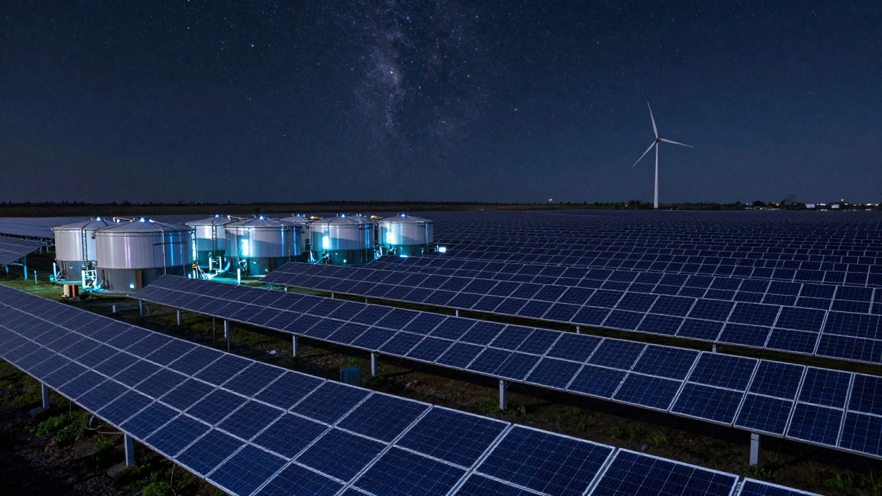 Nighttime solar farm with battery storage glowing softly, wind turbine faint in background.