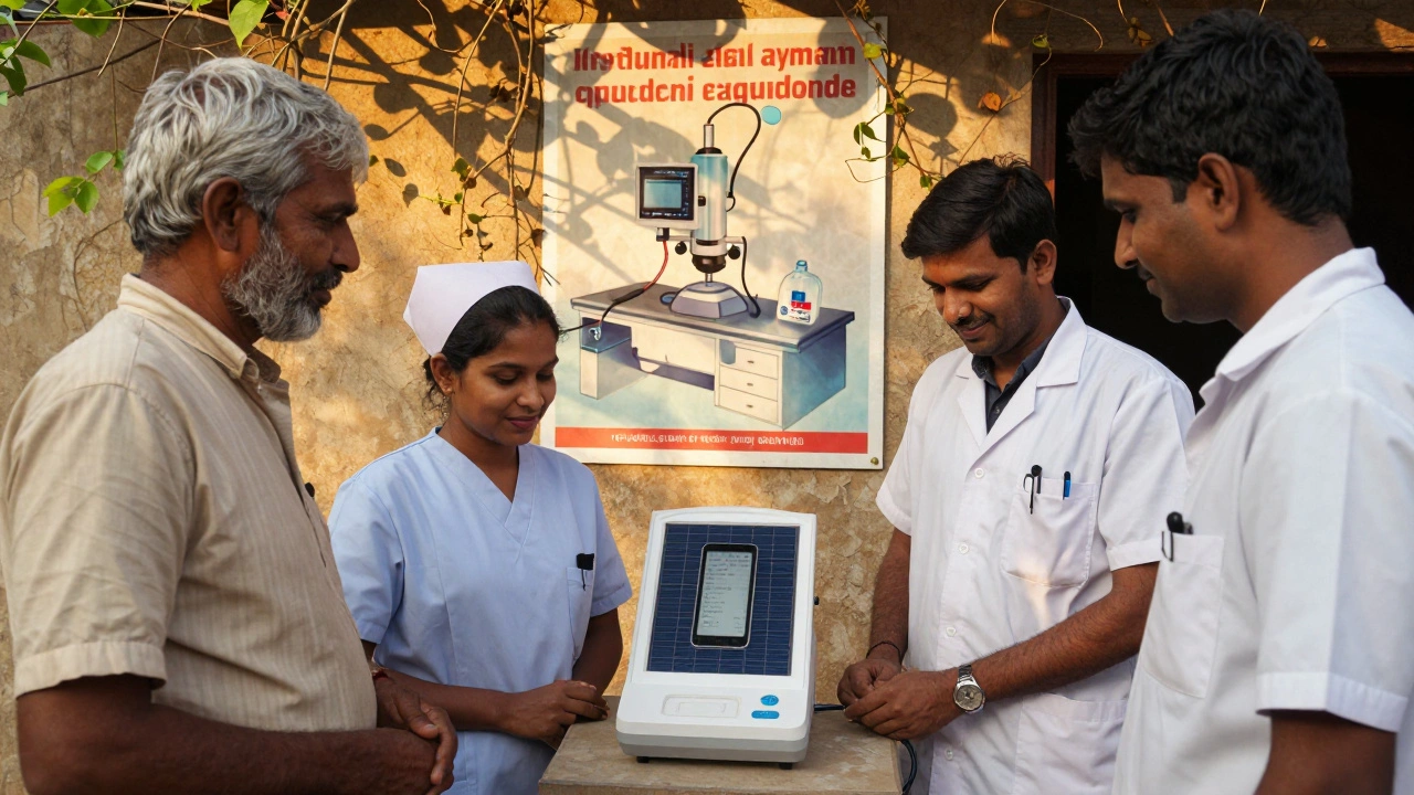 Rural users in India operating a solar-powered diagnostic device, symbolizing context-appropriate technology adoption.