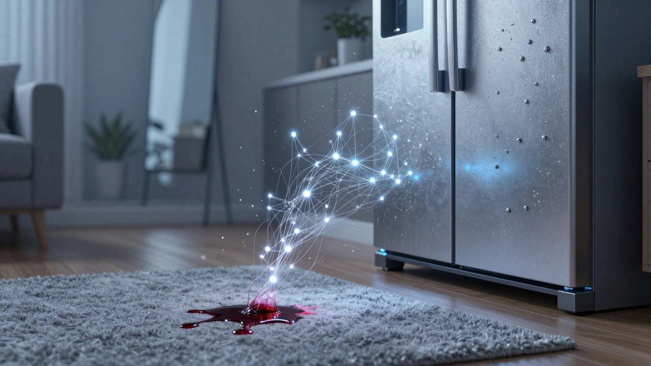 A home interior with glowing nano-particles embedded in fabric, glass, and surfaces, repelling stains and moisture.