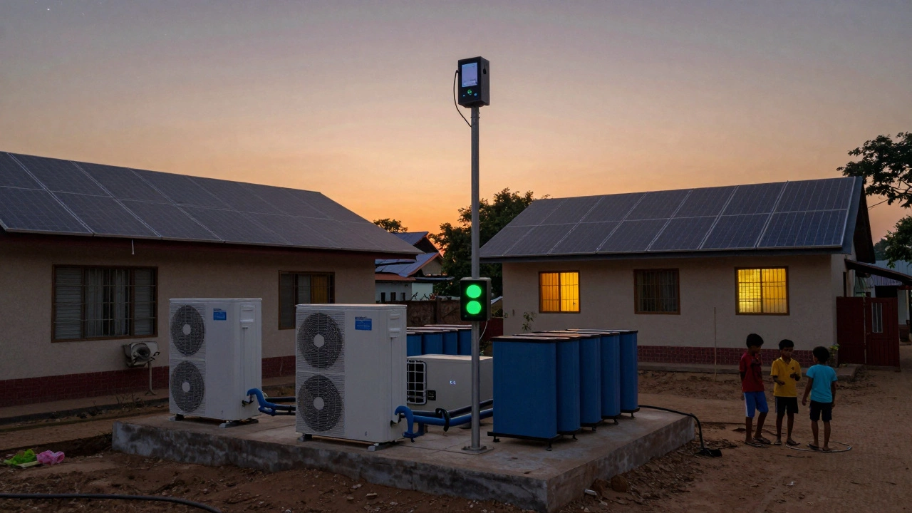 A rural Indian microgrid with solar panels, geothermal systems, and battery storage, lit by sunset glow.