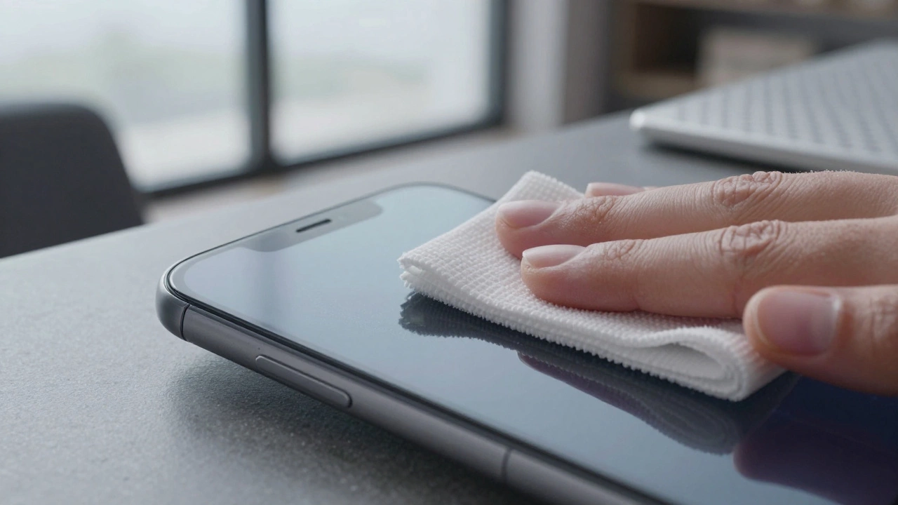A smartphone screen being wiped clean, showing no fingerprints under soft lighting, with a modern room in the background.