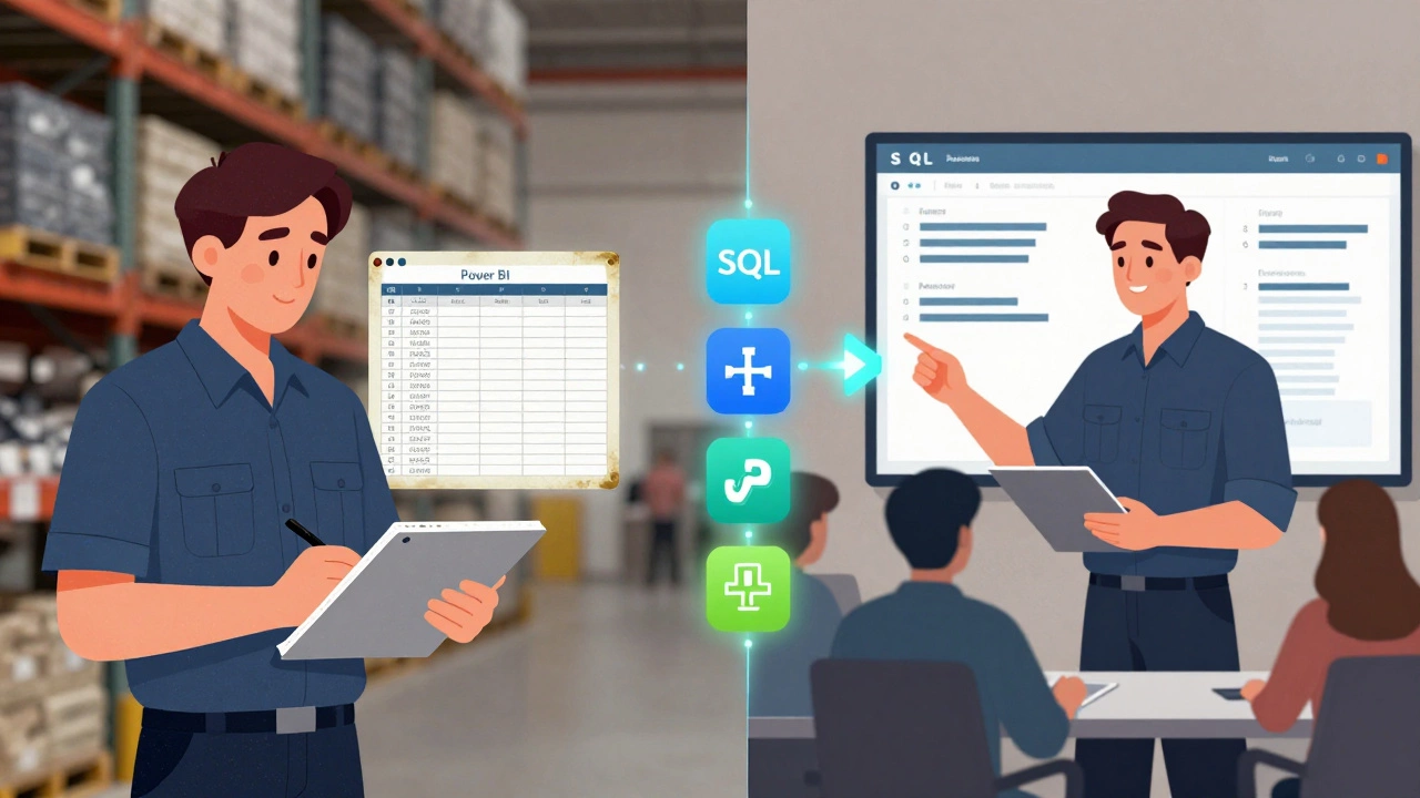 A split image showing a warehouse worker transforming into a data analyst through skill development and visualization.