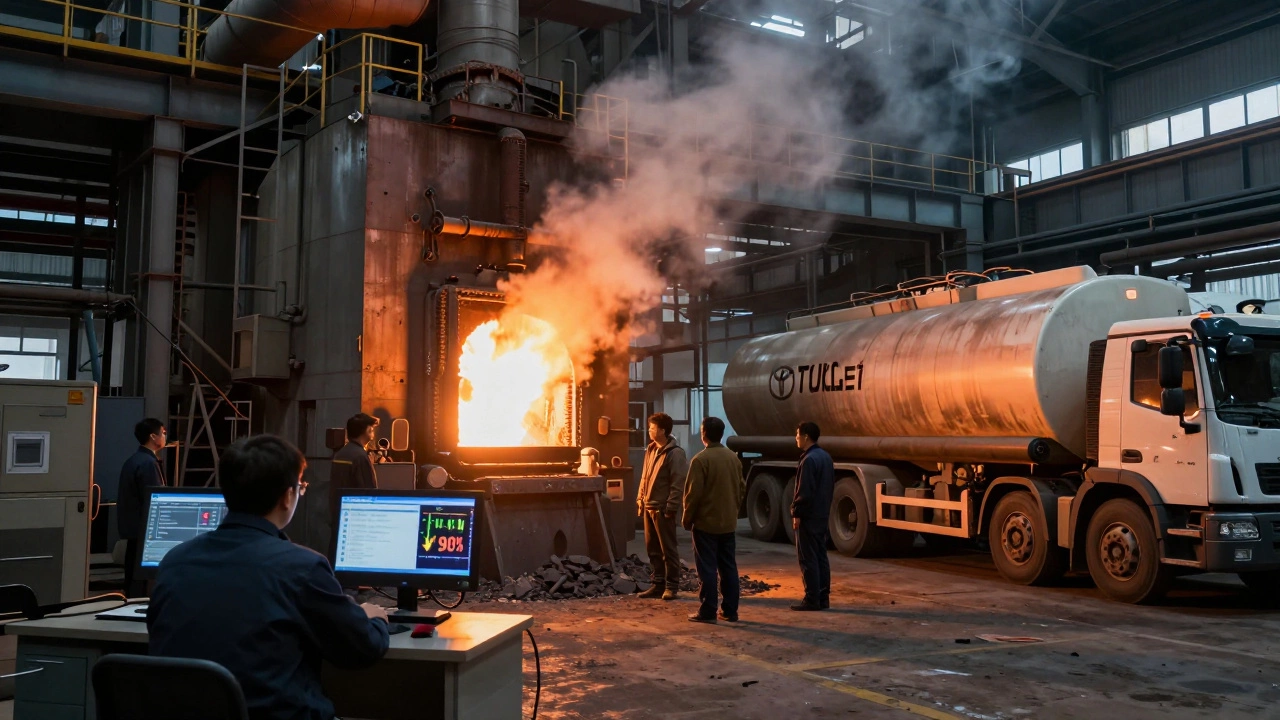 A steel factory using hydrogen instead of coal, with workers monitoring emissions data and a hydrogen-powered truck loading nearby.