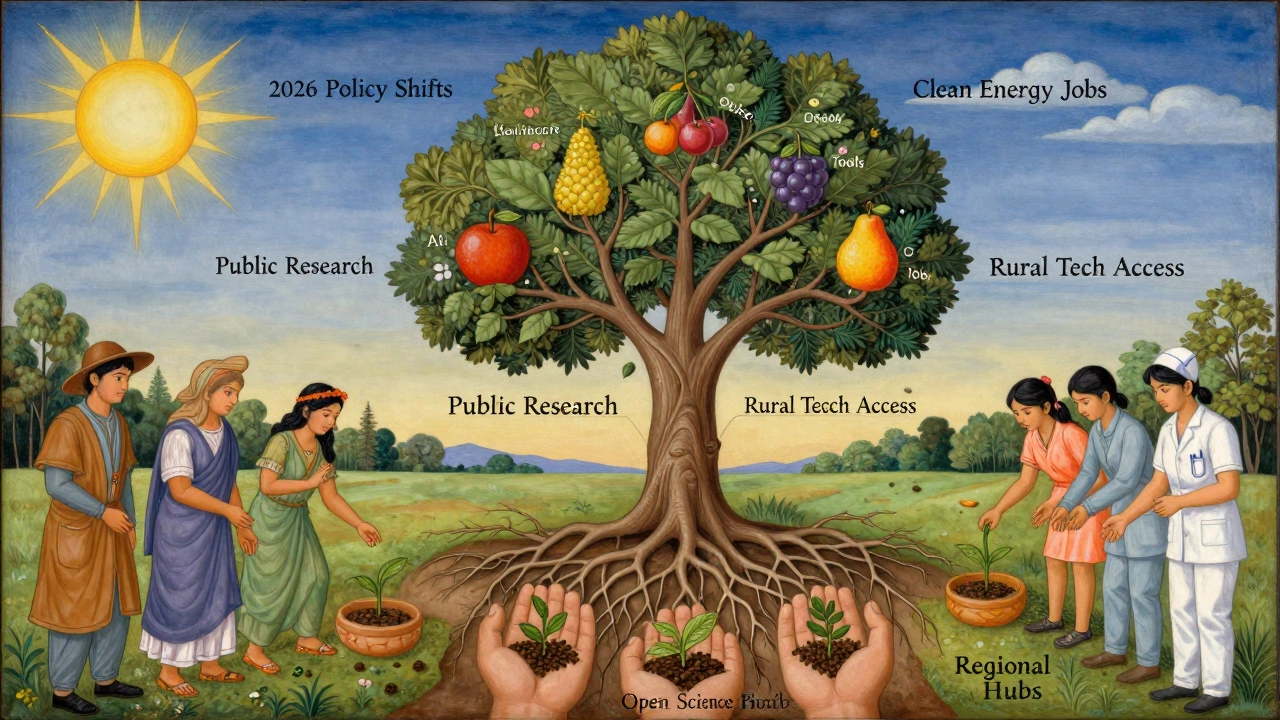 A symbolic tree growing from public research roots, bearing fruits of innovation, with diverse hands planting open science seeds.