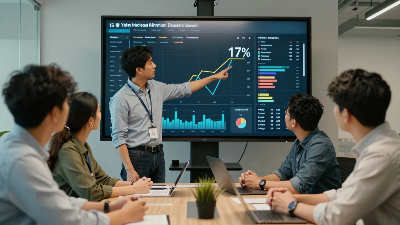 A team in a startup meeting reviewing a live data visualization of transport delays, led by a confident analyst.