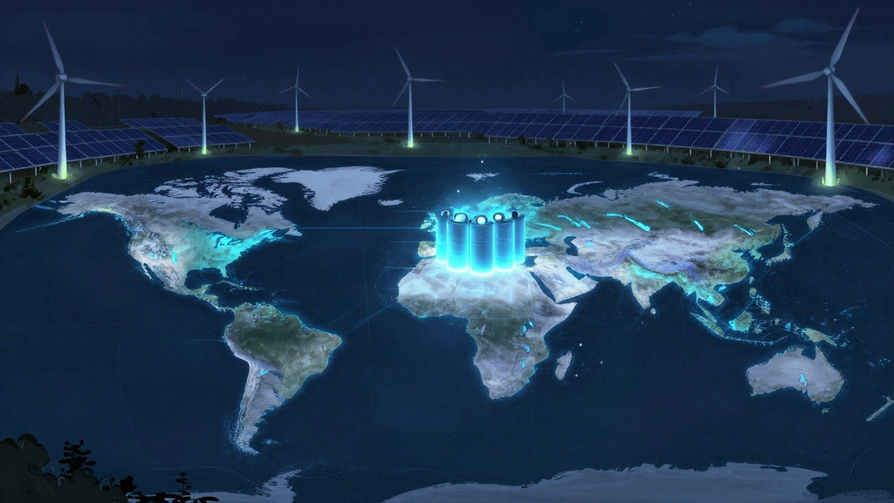Global energy grid at night with glowing hydropower rivers connecting continents and a central reservoir acting as a battery.