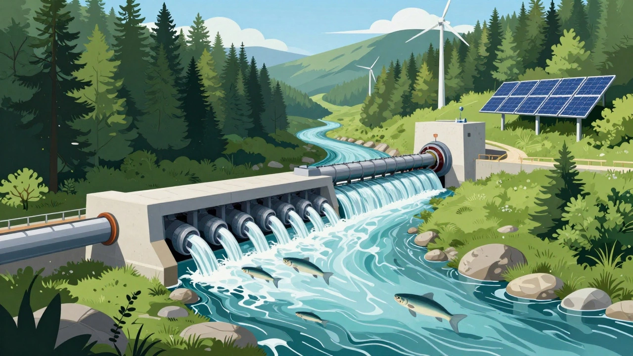 Modern run-of-river hydropower plant in a forest valley with fish swimming freely and renewable energy sources in the distance.