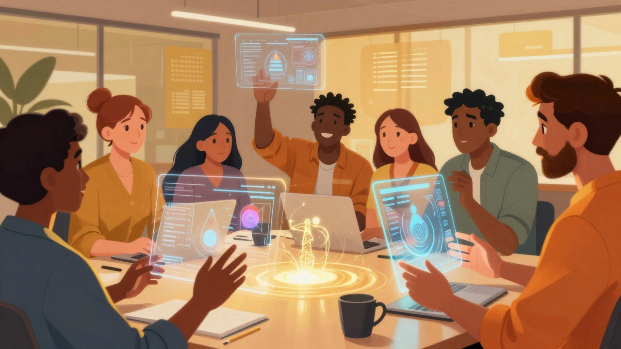 Team collaborating with holographic AI for brainstorming