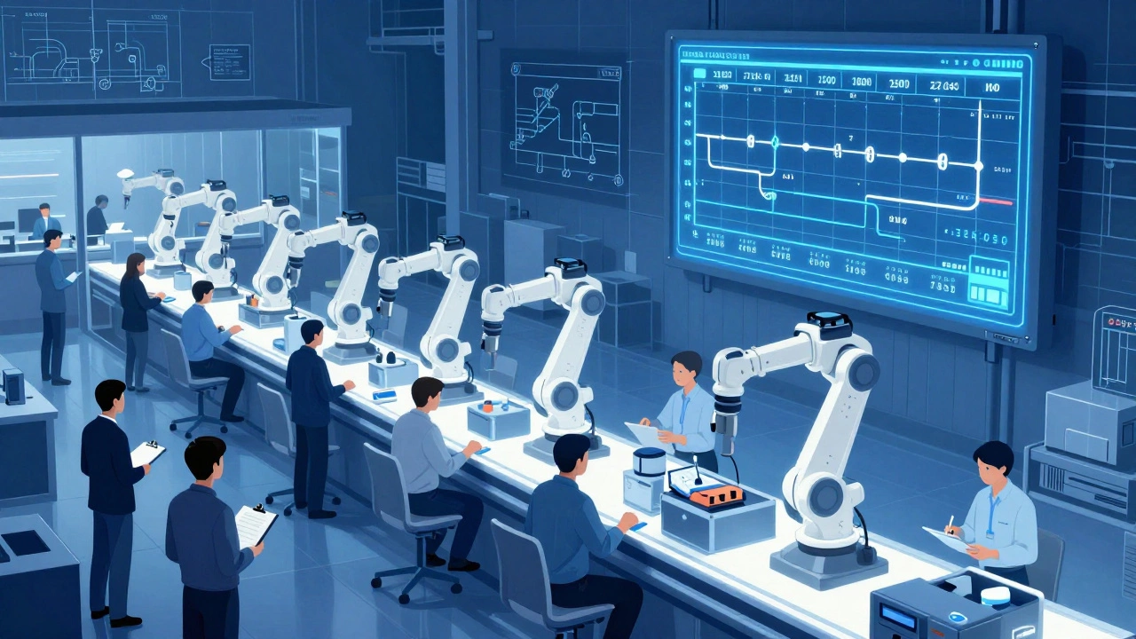 Toyota assembly line with workers and robots synchronized, engineers observing from a control room, timers visible.