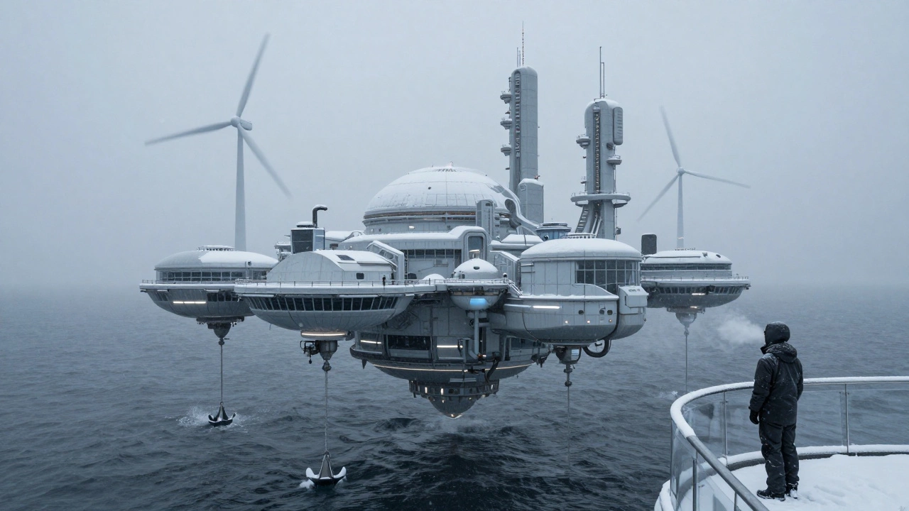 A floating city in the Arctic receives gentle snowfall, powered by wind and tidal energy over icy ocean waters.