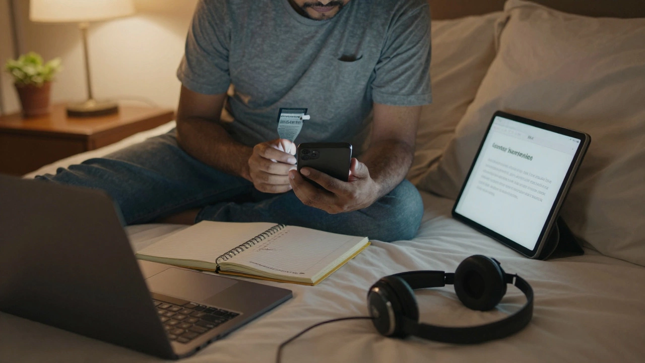 A person following a daily 5-minute AI habit across morning, lunch, afternoon, and bedtime routines.