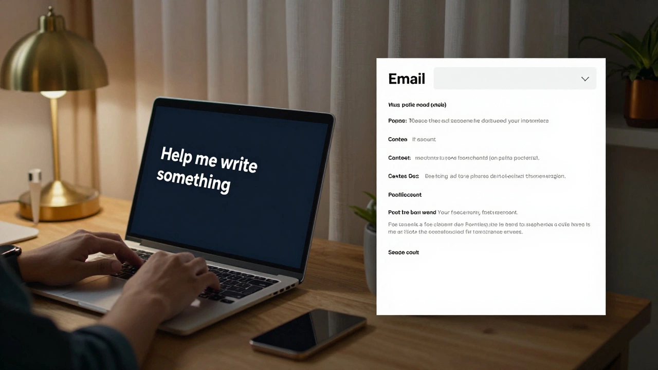 A person typing a vague prompt vs. a detailed, structured AI prompt that produces a polished email.