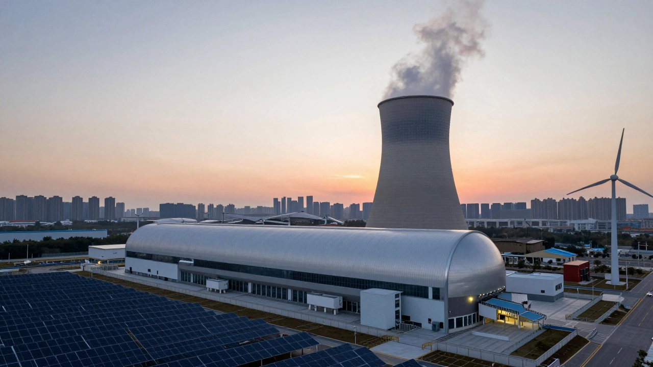 A silent fusion power plant at dawn, powering a city while wind and solar panels fade in size.