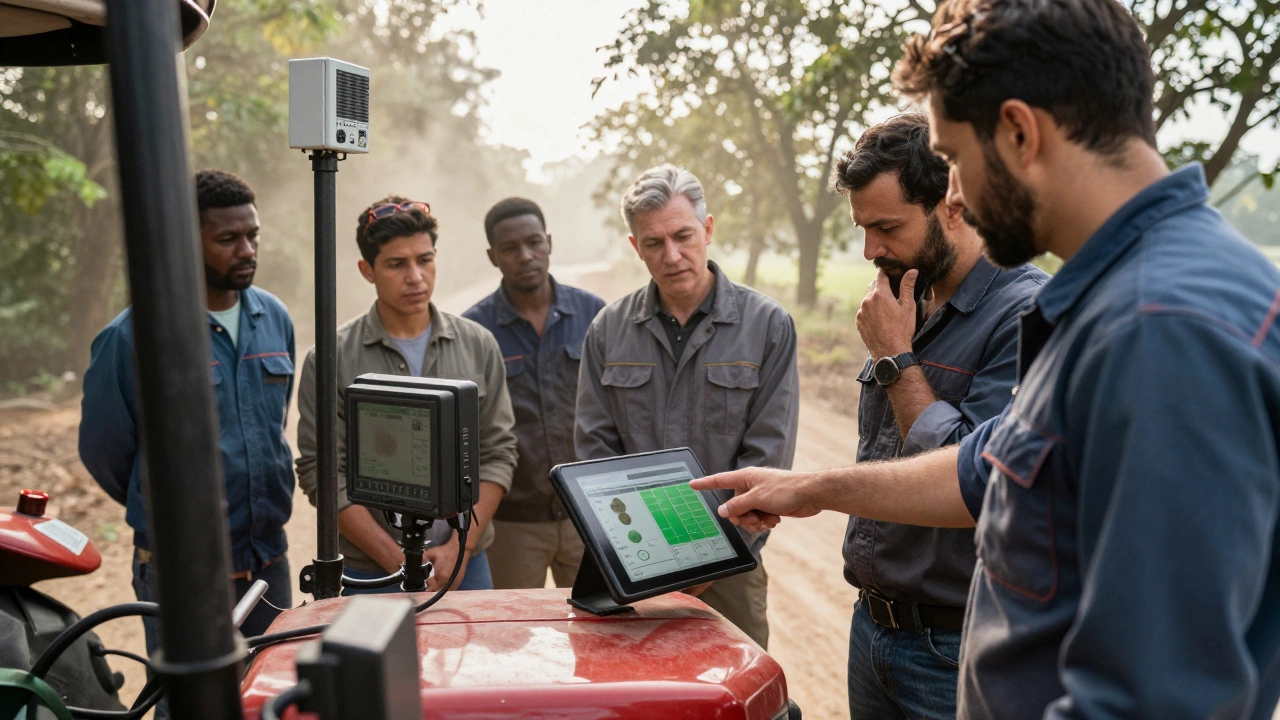 A team of farm workers and tech specialists reviewing crop analytics near a sensor-equipped tractor.
