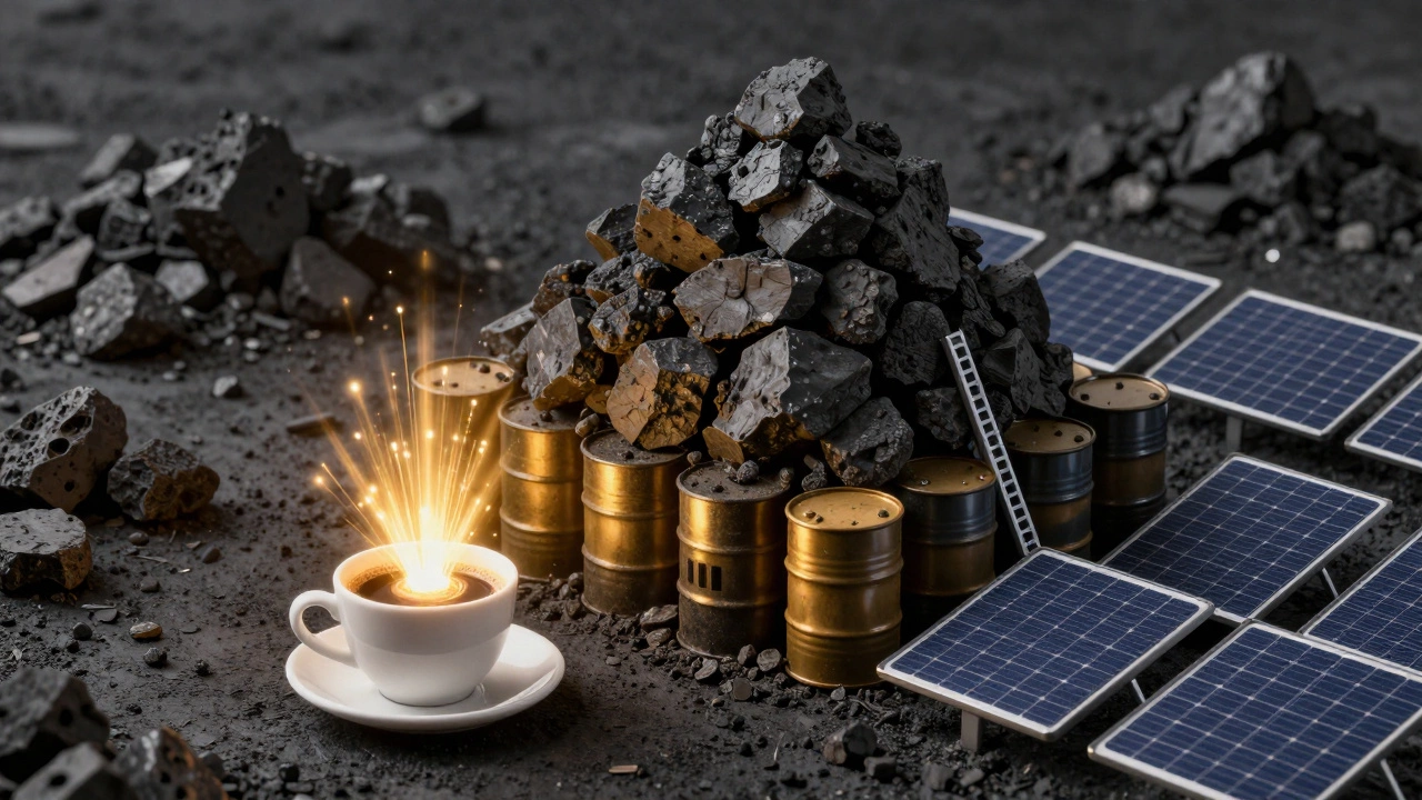 A tiny cup of fusion fuel dwarfing piles of coal, oil, and solar panels in scale.