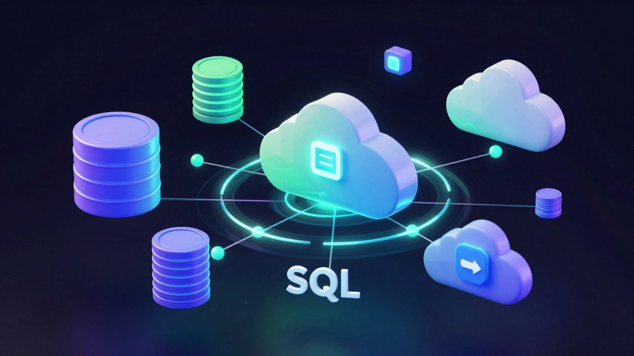 Abstract 3D illustration of glowing database nodes and cloud technology elements in neon colors.