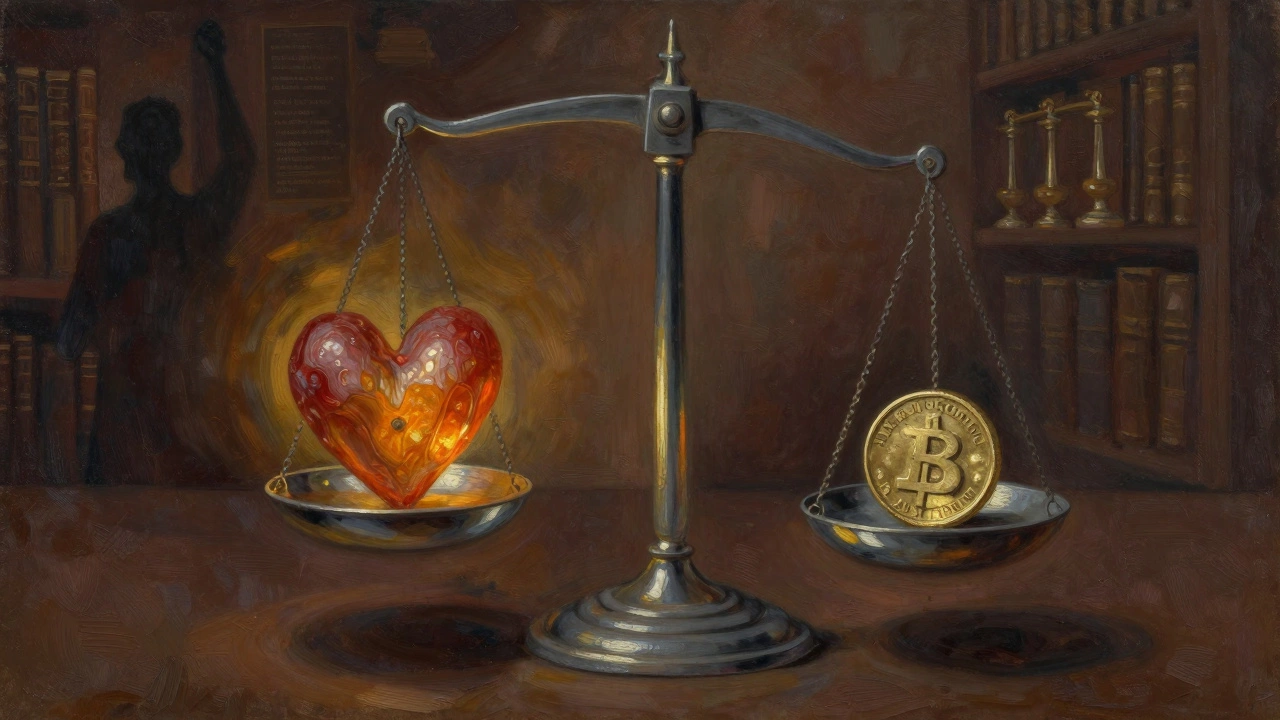Artistic painting of a scale weighing a glowing heart against a coin.