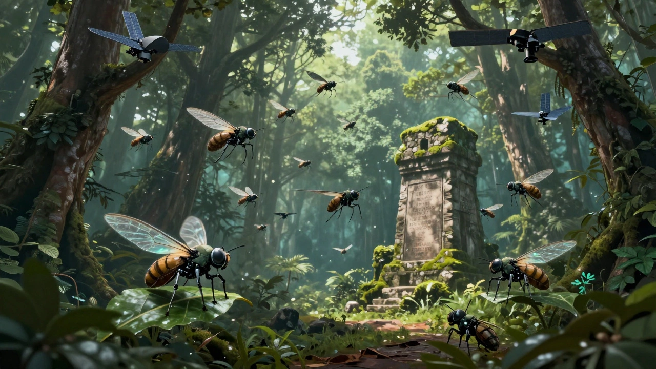 Biohybrid drone pollinators fly over a restored rainforest, with monitoring drones above and ancient ruins buried in moss.