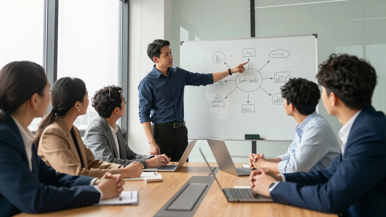Diverse business team collaborating in a meeting room with one person presenting strategy at a whiteboard.