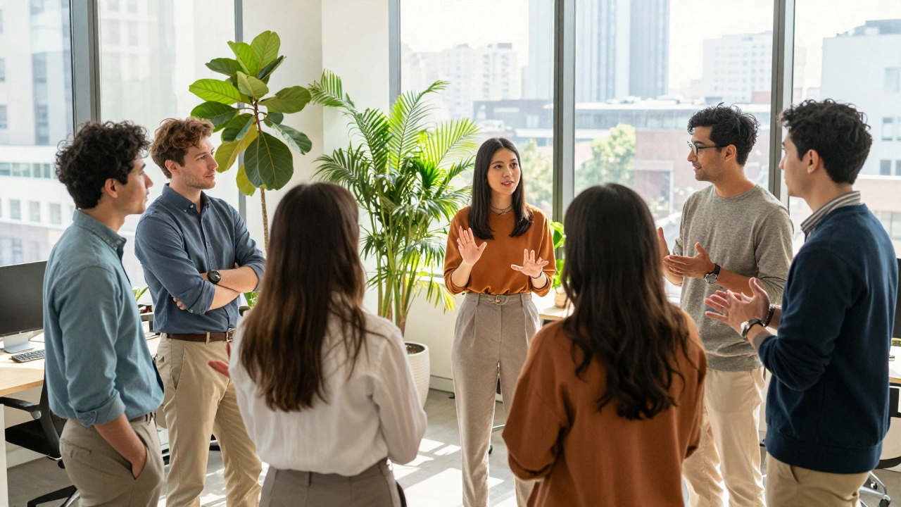 Diverse team collaborating in a sunlit modern office space.