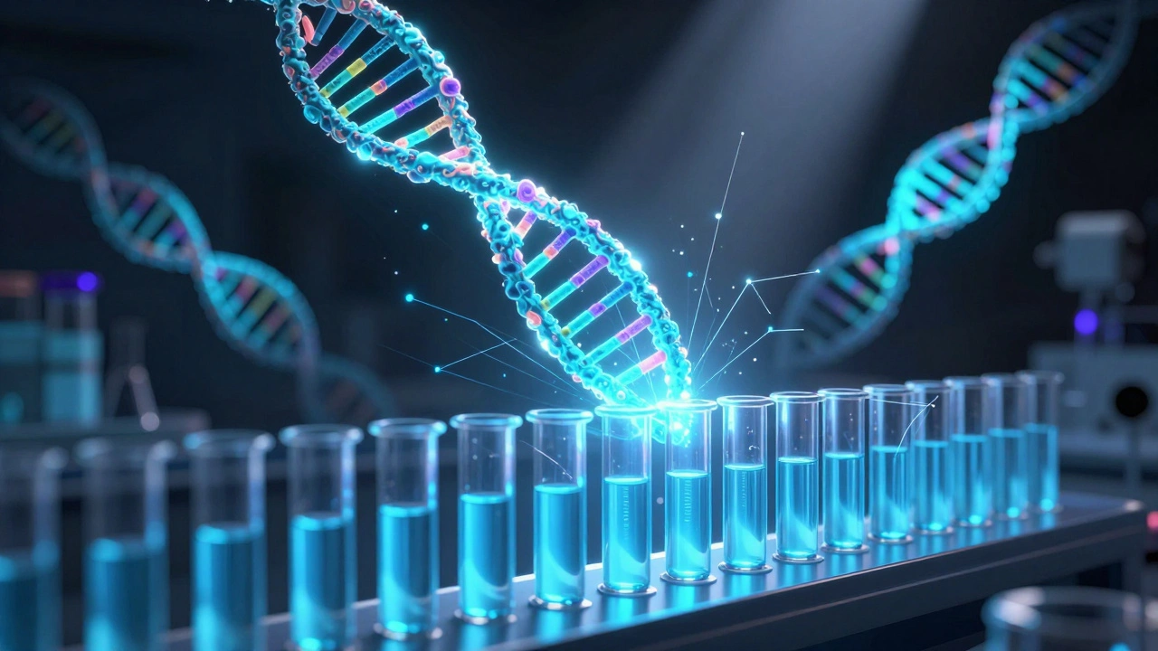 Glowing DNA strands inside laboratory bio-storage vials with light effects.